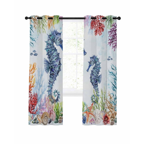 Coastal Seahorse Blackout Curtains for Bedroom Living Room, Coral Conch 96 In Long Thermal Insulated Room Darkening Drapes Grommet Window Treatments, 52 x 96 In