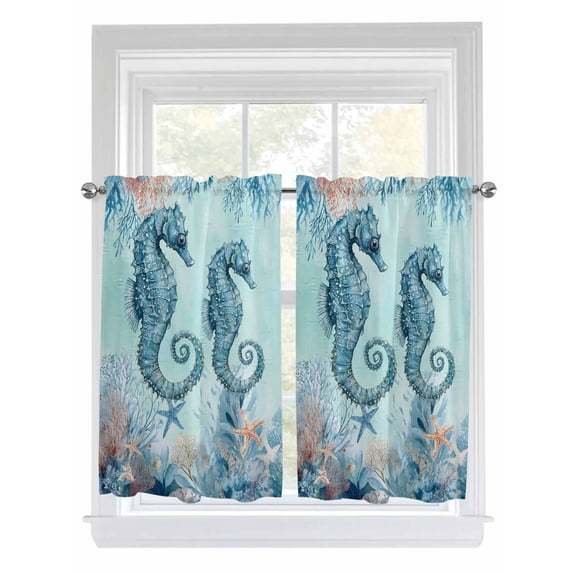 Coastal Seahorse Blue 2 Panel Kitchen Curtains for Windows, Summer Beach Nautical Coral Starfish Bathroom Privacy Curtain, Home Décor Window Treatment for Bedroom/Living Room 55"x45"