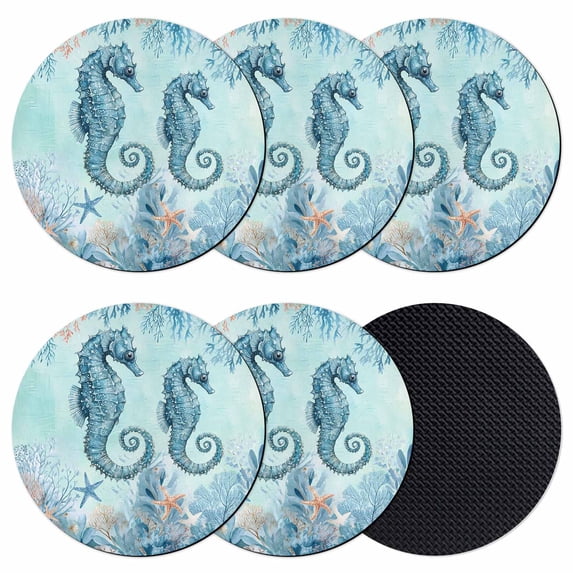 Coastal Seahorse Blue Coasters Set of 6, Absorbent Coasters for Drinks, Summer Beach Nautical Coral Starfish Coaster for Desk Coffee Table Protection, Home Decor House Warming Gifts 4"