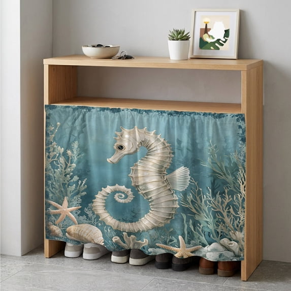 Coastal Seahorse Blue Green Cabinet Curtain 35"Wx35"L,Dustproof Under Sink Skirt W/ Self Adhesive Tape,Summer Ocean Starfish Coral Cabinet Curtain Cover for Kitchen Sink,Bathroom Vanity,Laundry Room