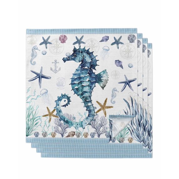Coastal Seahorse Cloth Napkins Set of 4 Reusable Dinner Napkins, Nautical Starfish Shell Seaweed Anchor Cocktail Napkin Washable Table Napkins for Wedding/Holiday Party/Baby Shower 20"x20"