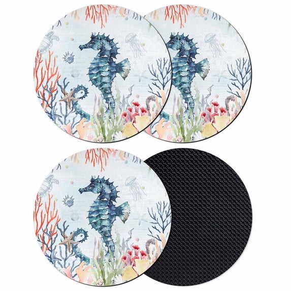Coastal Seahorse Coasters Set of 4, Absorbent Coasters for Drinks, Marine Coral Turtle Jellyfish Oceans Coaster for Desk Coffee Table Protection, Home Decor House Warming Gifts 4"