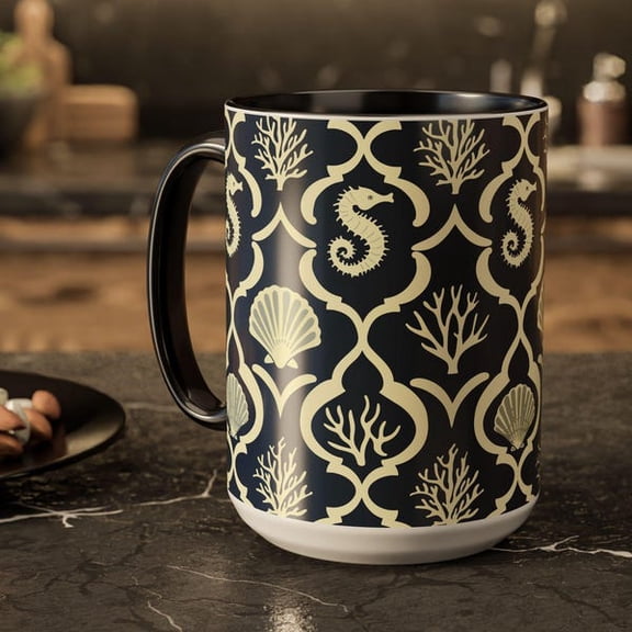 Coastal Seahorse Coffee Mug  Navy Blue & Cream Nautical Pattern with Seashells and Coral  Elegant 15oz Ceramic Tea Cup for Beach House Decor, Ocean Lovers, and Nautical Kitchenware