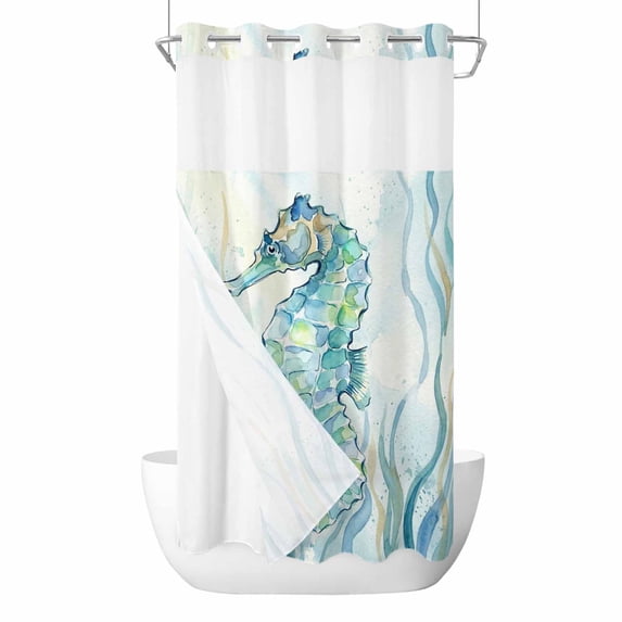 Coastal Seahorse No Hook Shower Curtain with Snap in Liner, Waterproof Fabric Shower Curtains, Nautical Blue Seaweed Ocean Animals Shower Curtain Set Top See Through for Bathroom 36"x72"