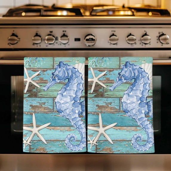 Coastal Seahorse Kitchen Towels Set of 1, Summer Beach Ocean Coral Teal Blue Wood Absorbent Dish Towels for Kitchen, Microfiber Hand Towel, Quick Drying Tea Towel for Cleaning Decorative Dishcloths