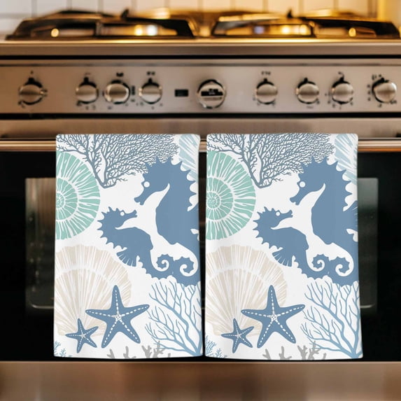 Coastal Seahorse Kitchen Towels Set of 3, Nautical Beach Ocean Shells Starfish Absorbent Dish Towels for Kitchen, Microfiber Hand Towel, Quick Drying Tea Towel for Cleaning Decorative Dishcloths