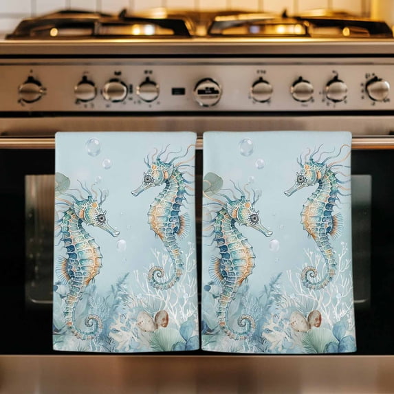 Coastal Seahorse Kitchen Towels Set of 4, Summer Green Eucalyptus Leaves Coral Absorbent Dish Towels for Kitchen, Microfiber Hand Towel, Quick Drying Tea Towel for Cleaning Decorative Dishcloths