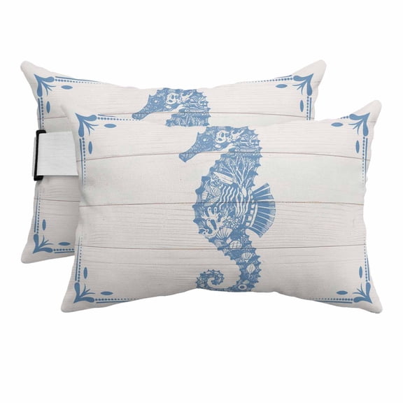 Coastal Seahorse Outdoor Pillow for Chaise Lounge Chair,Head Resting&nbsp;Pillow with Insert, Underwater Marine Life White Wood Waterproof Lumbar Pillows for Patio Chaise Beach Chair,11"x16" 2 Pack