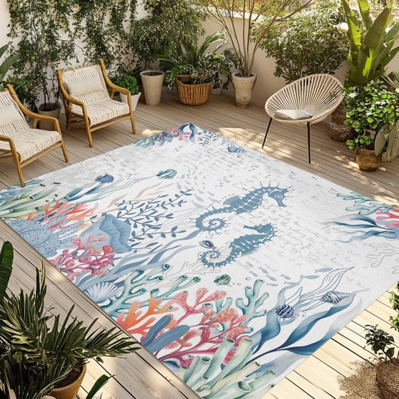 Coastal Seahorse Outdoor Rug for Patio/Deck/Porch, Non-Slip Large Area Rug 4 x 6 Ft, Summer Beach Nautical Ocean Coral Indoor Outdoor Rugs Washable Area Rugs, Reversible Camping Rug Carpet Runner