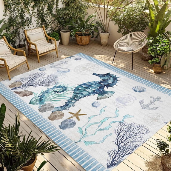 Coastal Seahorse Outdoor Rug for Patio/Deck/Porch, Non-Slip Large Area Rug 6 x 9 Ft, Nautical Starfish Shell Seaweed Anchor Indoor Outdoor Rugs Washable Area Rugs, Camping Rug Carpet Runner