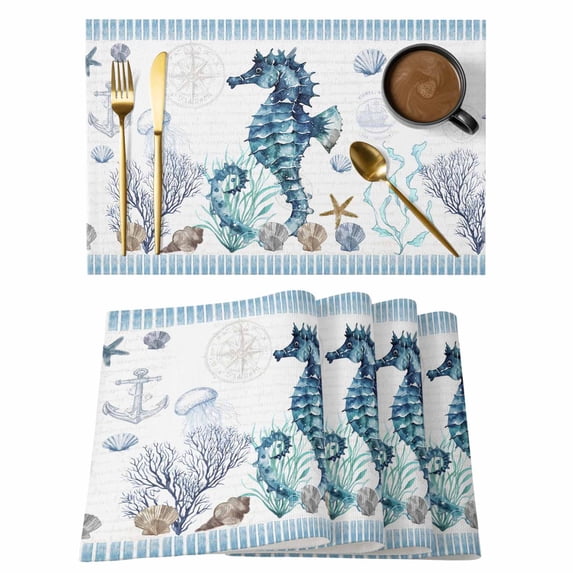 Coastal Seahorse Placemats Set of 4, Nautical Starfish Shell Seaweed Anchor Placemats for Dining Table, Place Mats for Kitchen Tabletop, Waterproof Wipeable Dining Table Mats Set