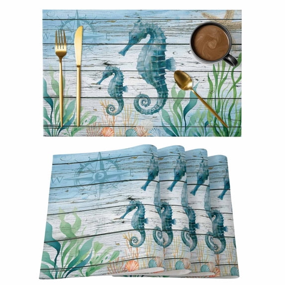 Coastal Seahorse Placemats Set of 8, Nautical Starfish Coral Wooden Grain Placemats for Dining Table, Place Mats for Kitchen Tabletop, Waterproof Wipeable Dining Table Mats Set