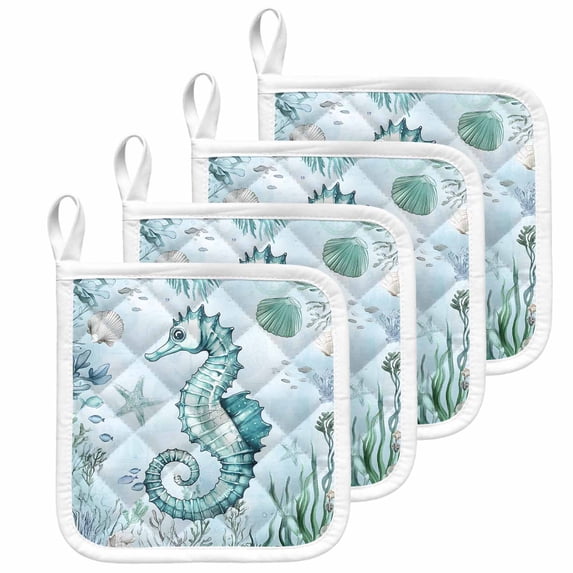 Coastal Seahorse Pot Holders for Kitchen Heatproof Potholder, 4 Pack Ocean Nautical Starfish Seashells Coral Hot Pads Multipurpose Oven Pads Cloth Potholders Trivet for Cooking and Baking