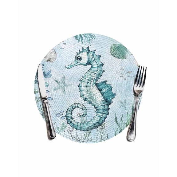 Coastal Seahorse Round Placemats for Dinning Tables,Heat-proof Braided Table Mats 13 Inch,Ocean Nautical Starfish Seashells Coral Washable Place Mat for Kitchen Restaurant Party Decor Table Setting