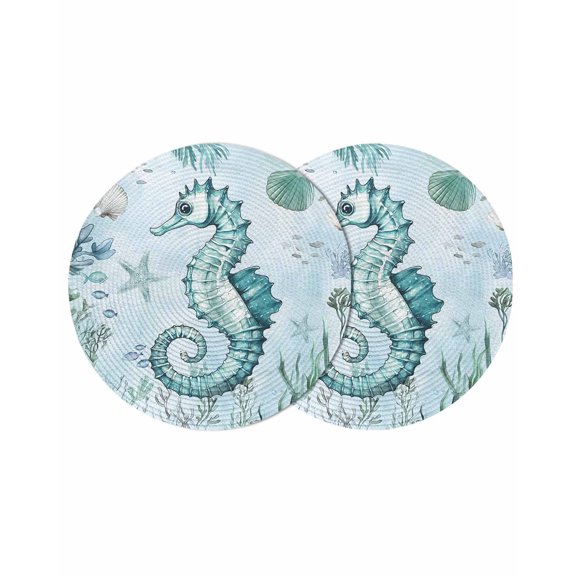 Coastal Seahorse Round Placemats Set of 2 for Dinning Tables,Heat-proof Braided Table Mats 13 Inch,Ocean Nautical Starfish Seashells Coral Washable Place Mat for Kitchen Restaurant Party Table Decor