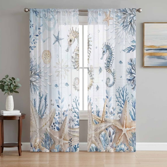 Coastal Seahorse Sheer Curtains 72 Inch Length 2 Panels Set, Summer Ocean Starfish Corals Blue Voile Window Treatment Rod Pocket Curtains Sheers Drapes for Bedroom/Living Room/Kitchen 52"x72"x2