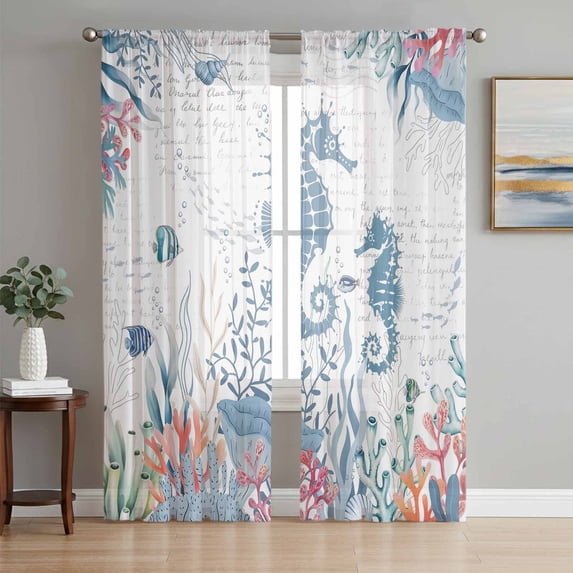 Coastal Seahorse Sheer Curtains 96 Inch Length 2 Panels Set Window Treatments, Summer Beach Nautical Ocean Coral Rod Pocket Semi Curtains for Living Room/Bedroom/Kitchen Décor, 104"W x 96"L