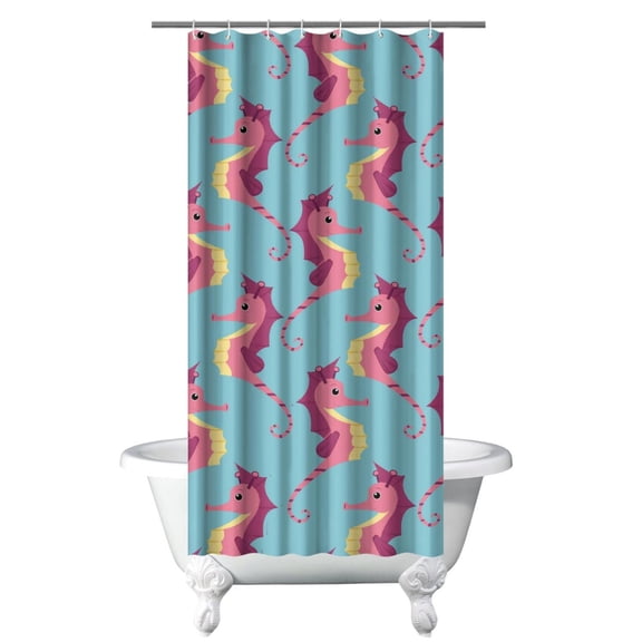 Coastal Seahorse Shower Curtain Featuring Tropical Nautical Cartoon Print, Underwater Marine Life with Starfish, Fish, and Seaweed Pattern, Waterproof Fabric Curtain with Hooks