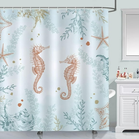 Coastal Seahorse Shower Curtain Starfish Coral Beach Ocean Decorative Bath Curtain 72 x 72 Inch Polyester Fabric Machine Washable Waterproof Bathroom Curtain with 12 Hooks