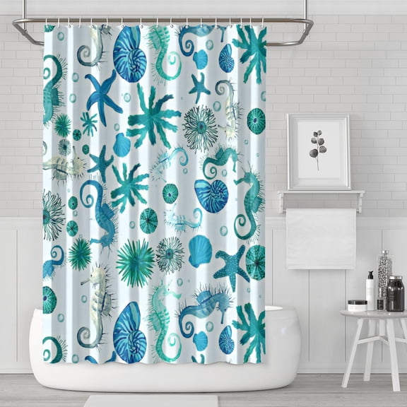 Coastal Seahorse Shower Curtain with Tropical Marine Life Design, Nautical Cartoon Print Featuring Fish, Seaweed, Shells, Waves, and Ocean Creatures, Waterproof Fabric with Hooks