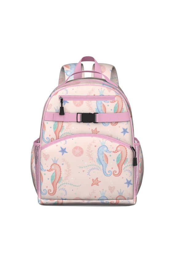 Coastal Seahorse Students Backpack with Tropical Marine Life and Nautical Beach Print, Cute Cartoon Seaweed and Seashells Design, Durable and Adjustable for School and Travel