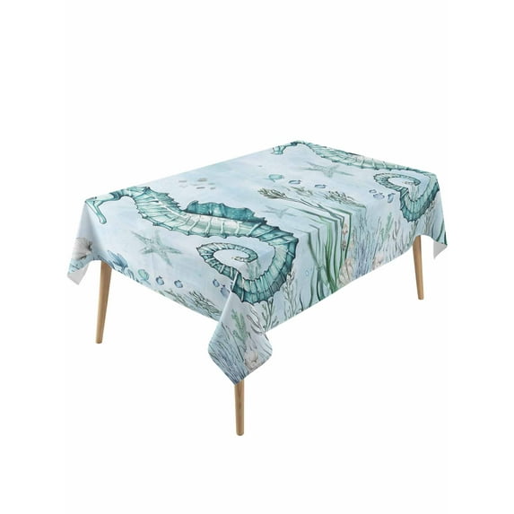 Coastal Seahorse Table Cloth, Ocean Nautical Starfish Seashells Coral Waterproof Tablecloth for Rectangle Tables, Reusable Washable Fabric Table Cover for Restaurant Kitchen Dining Tables 54"x108"