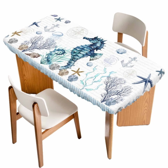 Coastal Seahorse Table Cloths for 4 Foot Rectangle Tables, Nautical Starfish Shell Seaweed Anchor Patio Waterproof Elastic Fitted Tablecloths, Washable Rectangular Table Cover for Camping