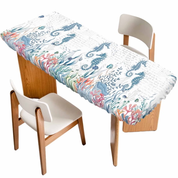 Coastal Seahorse Table Cloths for 8 Foot Rectangle Tables, Summer Beach Nautical Ocean Coral Patio Waterproof Elastic Fitted Tablecloths, Washable Rectangular Table Cover for Camping
