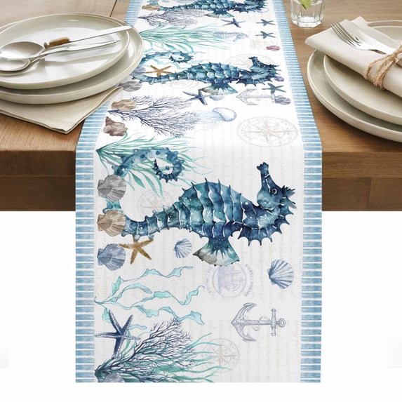 Coastal Seahorse Table Runner - 120 Inch Long, Kitchen Dining Table Runner Dresser Scarves, Nautical Starfish Shell Seaweed Anchor Farmhouse Decor for Coffee Tables Wedding Party Banquet