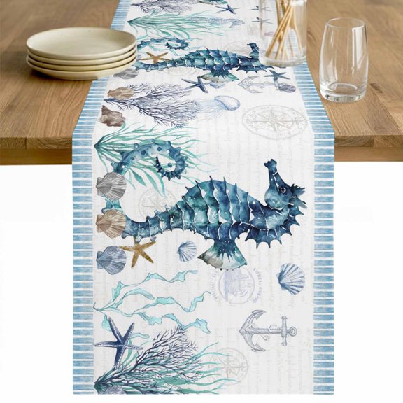 Coastal Seahorse Table Runner 48 Inches Long Farmhouse Dress Scarves, Nautical Starfish Shell Seaweed Anchor Dining Tablerunner for Coffee Table/Kitchen Island/Party Décor, 13" x 48"