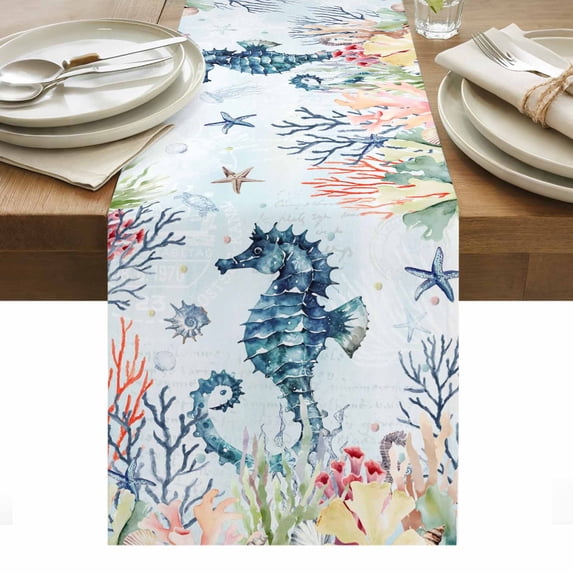Coastal Seahorse Table Runner - 72 Inch Long, Kitchen Dining Table Runner Dresser Scarves, Marine Coral Turtle Jellyfish Oceans Farmhouse Decor for Coffee Tables Wedding Party Banquet