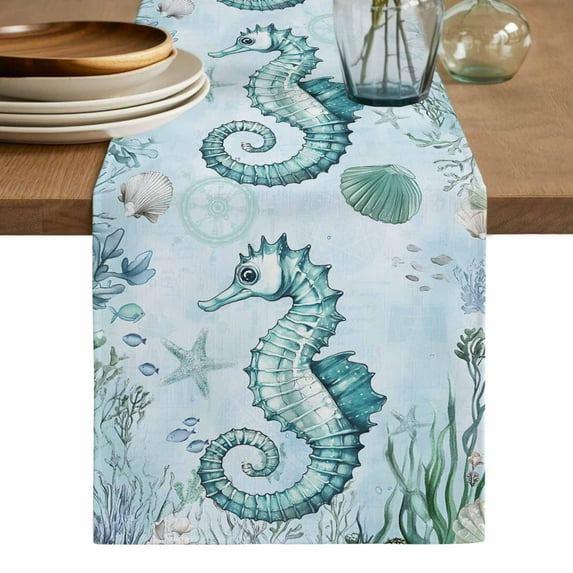 Coastal Seahorse Table Runner, Ocean Nautical Starfish Seashells Coral Washable Cotton Linen Table Runners 48 Inches Long, Dresser Scarf Runner for Nightstand/Coffee/End Tables 13''x48''