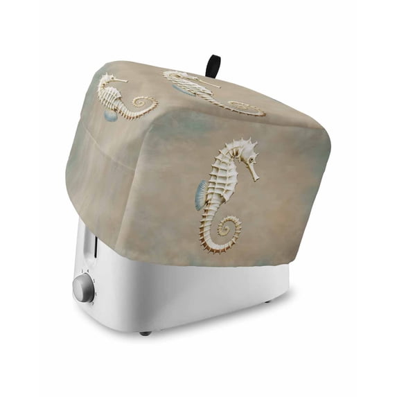 Coastal Seahorse Toaster Cover 4 Slice, Large Kitchen Appliance Covers, Vintage Ocean Animal Hippocampus Khaki Toaster Oven Cover with Loop, Bread Machine Cover Polyester Dust Cover Protection