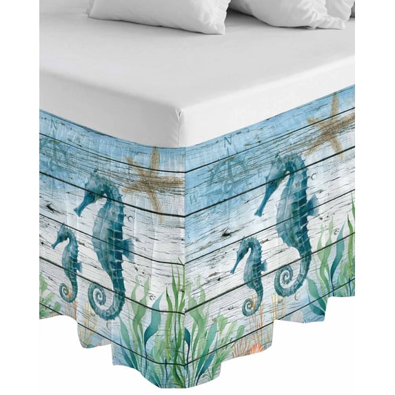 Coastal Seahorse Wrap Around Bed Skirts for Queen Bed 16" Drop,Bed Skirt with Adjustable Elastic Belt Dust Ruffle Bed Valance for Bedroom Hotel Nautical Starfish Coral Wooden Grain Bed Frame Cover
