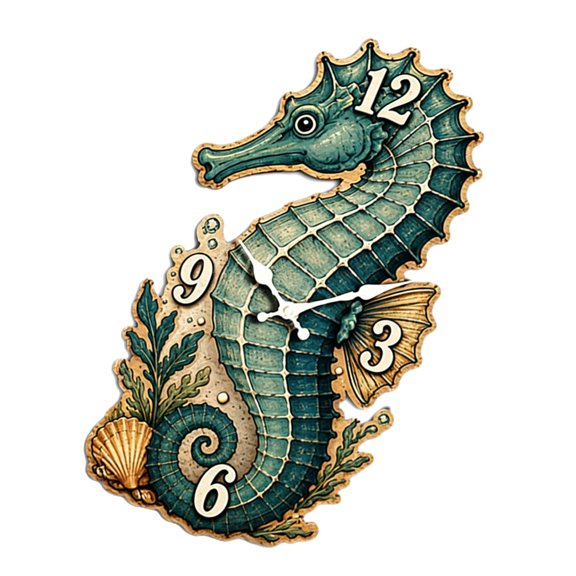 Coastal Seahorses Clock Decorative Wall Clock with Natural Wood Body, Smooth Hand Motion, Large Quarter-Hour Numerals, and a Concealed Rear Hook for Bedroom or Study