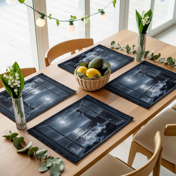 Coastal Seascape Crashing Waves Lighthouse Placemats Set of 4,Wipeable Washable Table Mats for Dining Tables, Window Frame Place Mats for Kitchen Event Party Tabletop Decor