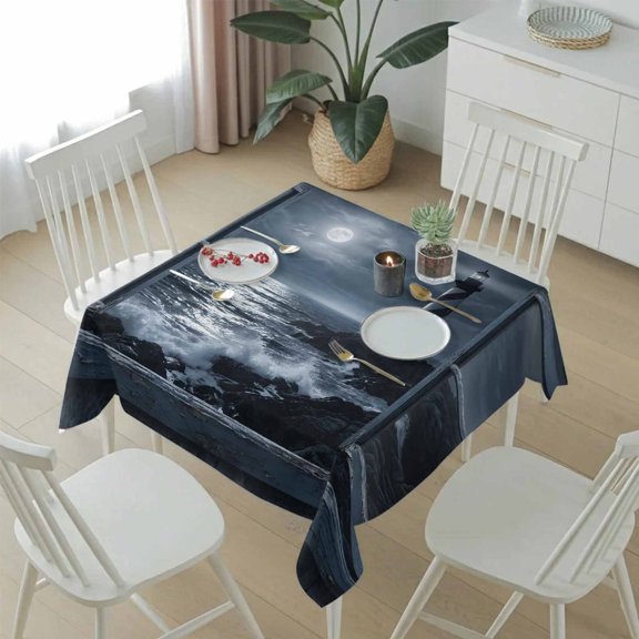 Coastal Seascape Crashing Waves Lighthouse Table Cloth 54x54in, Waterproof Square Tablecloth Wipeable Tablecloths Window Frame Table Covers for Dining Tables Party Indoor Outdoor