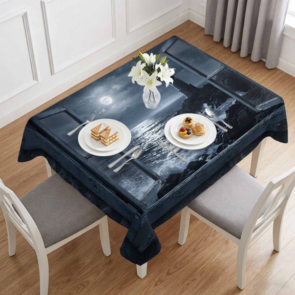 Coastal Seascape Crashing Waves Lighthouse Table Cloth 60x84in, Waterproof Rectangle Tablecloth Wipeable Tablecloths Window Frame Table Covers for Dining Tables Party Indoor Outdoor