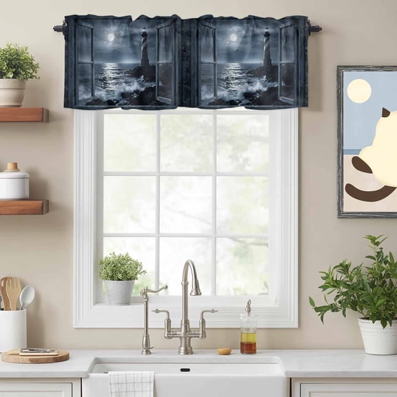 Coastal Seascape Crashing Waves Lighthouse Valances for Windows,Kitchen Valance Rod Pocket Short Curtain, Window Frame Valance Curtain Window Valances for Bedroom Bathroom Living Room 54x18in