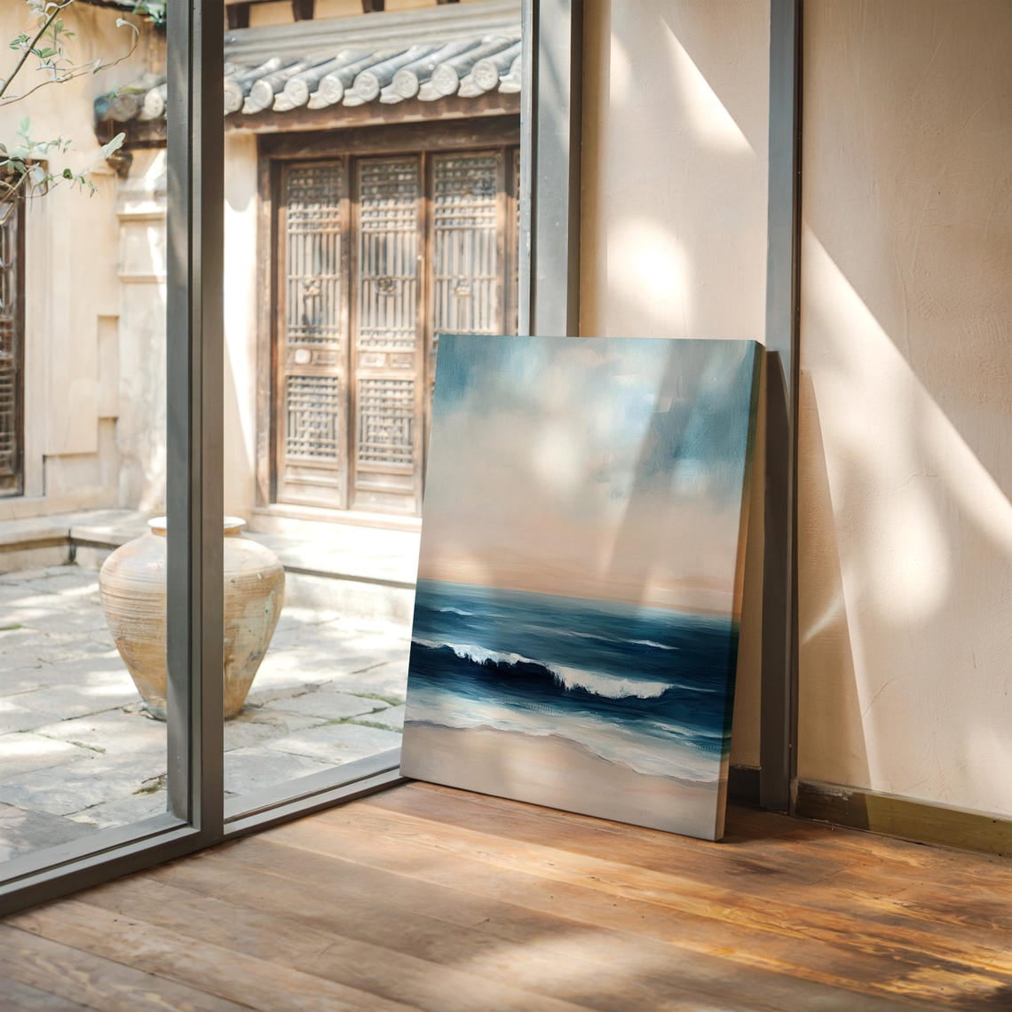 Curated visual reference: Minimalist Tranquility Wall Art Reference: Coastal Seascape Oil Painting Ocean Waves Minimalist Beach Scene