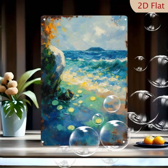 Coastal Seascape Wall Art 8x12 Inches Metal Print, Expressive Impressionist Ocean Painting with Rocky Shoreline, Turquoise Waves and Yellow Highlights, Textured Fine Art Decor for Living Room