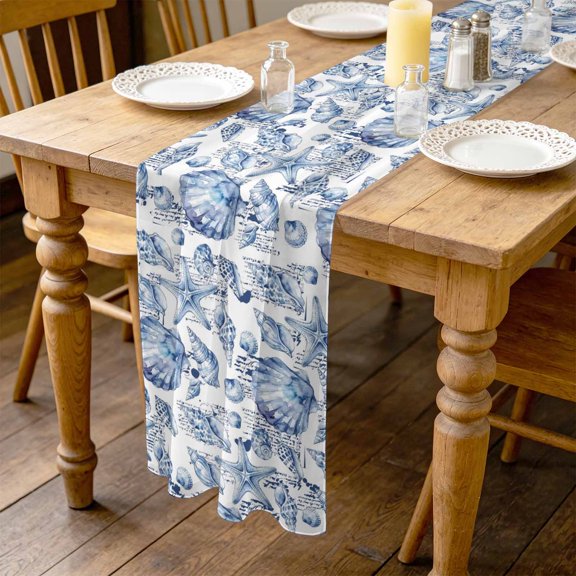 Coastal Seashell 10ft Cheesecloth Table Runner for Wedding 27"x120", Summer Nautical Blue Shell Starfish Hampton Style Kitchen Dinner Sheer Tulle Chiffon Dresser Scarf, Holiday Party Decorations