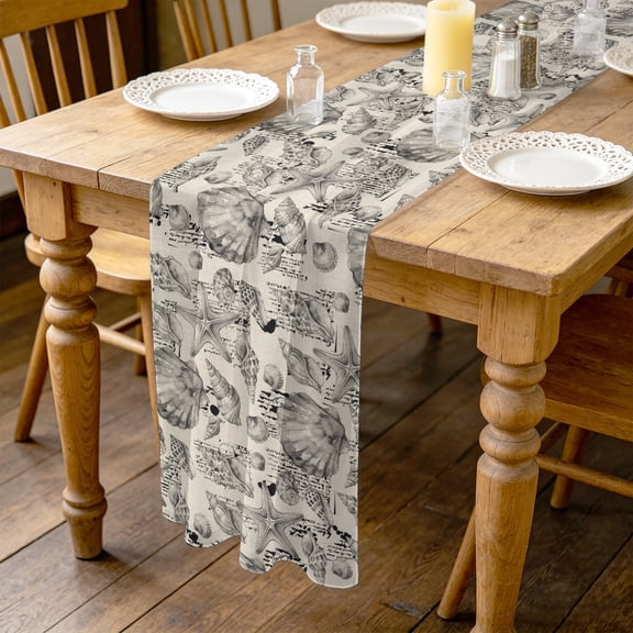 Coastal Seashell 10ft Cheesecloth Table Runner for Wedding 27"x120", Summer Nautical Gray Shell Starfish Beige Hampton Style Kitchen Dinner Sheer Tulle Chiffon Dresser Scarf, Holiday Party Decor