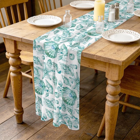 Coastal Seashell 10ft Cheesecloth Table Runner for Wedding 27"x120", Summer Nautical Green Shell Starfish Hampton Style Kitchen Dinner Sheer Tulle Chiffon Dresser Scarf, Holiday Party Decorations