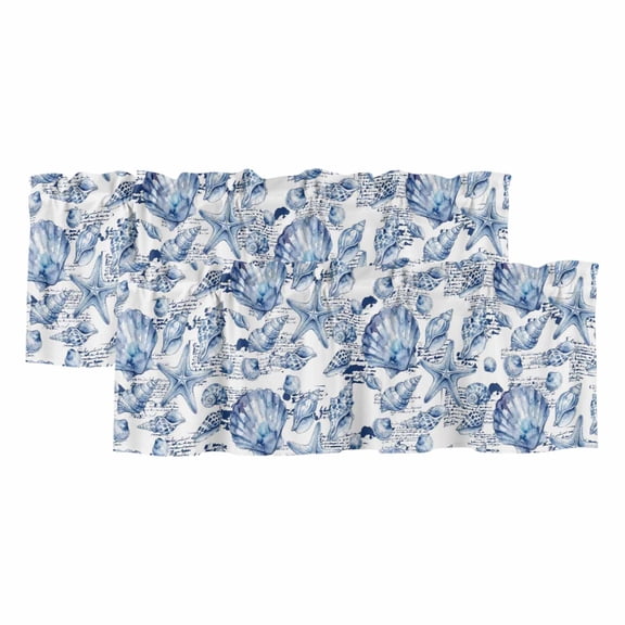 Coastal Seashell 2 Panels Kitchen Valance, Summer Nautical Blue Shell Starfish Hampton Style Curtains Valances for Small Windows Rod Pocket Window Treatments for Living Room Bedroom 42"W x 12"L