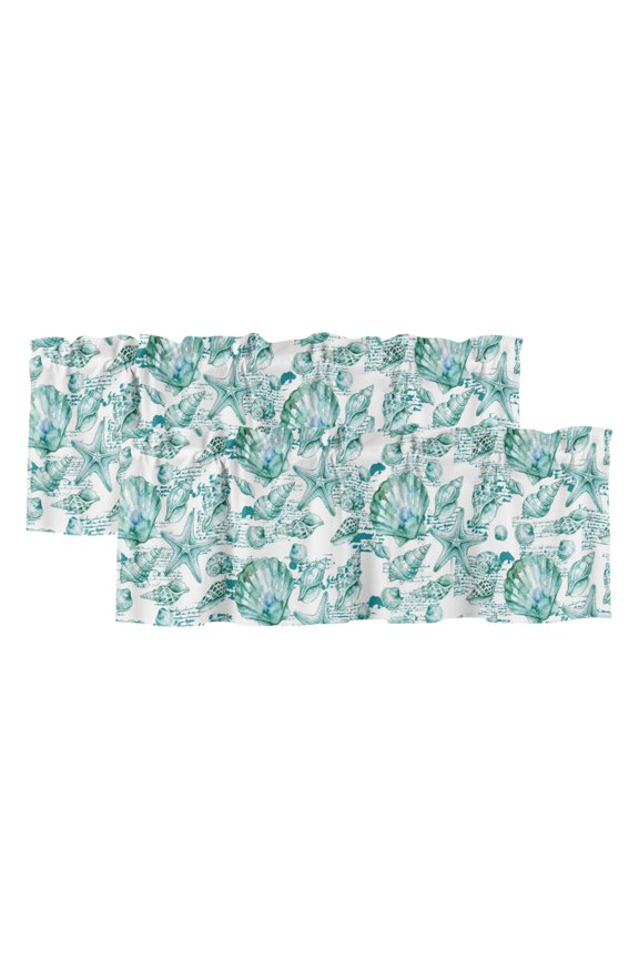 Coastal Seashell 2 Panels Kitchen Valance, Summer Nautical Green Shell Starfish Hampton Style Curtains Valances for Small Windows Rod Pocket Window Treatments for Living Room Bedroom 60"W x 18"L
