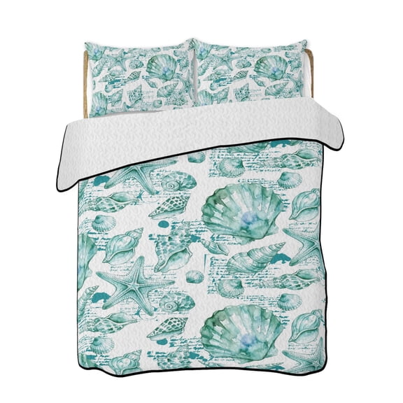 Coastal Seashell 3 Piece Quilt Bedding Set with 2 Pillow Shams, Summer Nautical Green Shell Starfish Hampton Style Lightweight Bedspread Coverlet, Soft Breathable All Season Quilt, 68 x 98 Inch