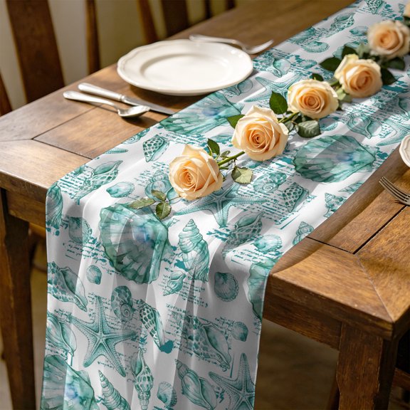 Coastal Seashell 4.5 ft Cheesecloth Table Runner for Wedding 19"x55", Summer Nautical Green Shell Starfish Hampton Style Kitchen Dinner Sheer Tulle Chiffon Dresser Scarf, Holiday Party Decorations
