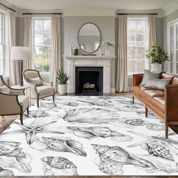 Coastal Seashell 6'x9' Large Area Rugs Summer Nautical Gray Shell Starfish Marine Life Washable Area Rugs Non-Slip Indoor Floor Mats Large Carpet for Living Room Bedroom Dining Room