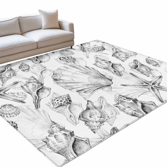 Coastal Seashell 8x10ft Non Slip Area Rug Summer Nautical Gray Shell Starfish Marine Life Washable Soft Area Rugs for Living Room, Indoor Circle Carpet for Bedroom Dining Room Kitchen